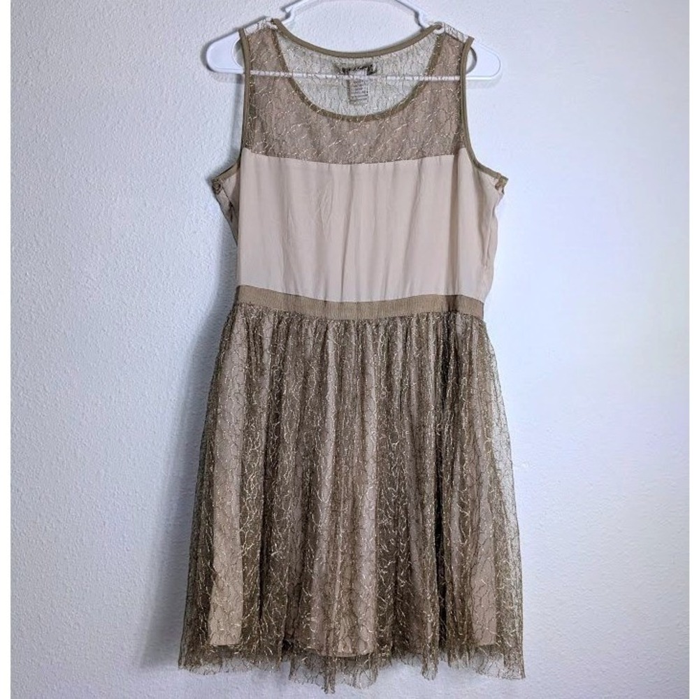 Pinky Womens Gold Sequin Lace‎ Mesh L Fit Flare  Party Dress Cream Bronze NWT - Picture 5 of 8